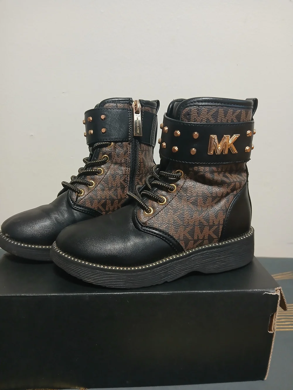Michael Kors Girls' Black and Brown Logo Combat Boots
